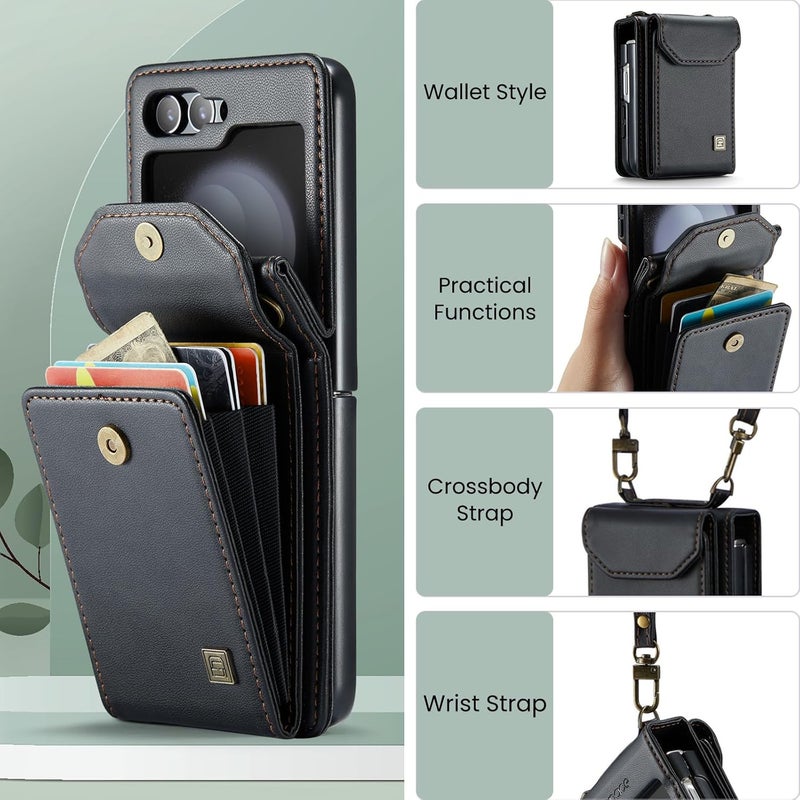 ASAPDOS Crossbody Case Compatible with Samsung Galaxy Z Flip 5,Retro PU Leather Strap Wristlet Flip Case with Magnetic Closure and Card Holder for Men Women Black - Image 2